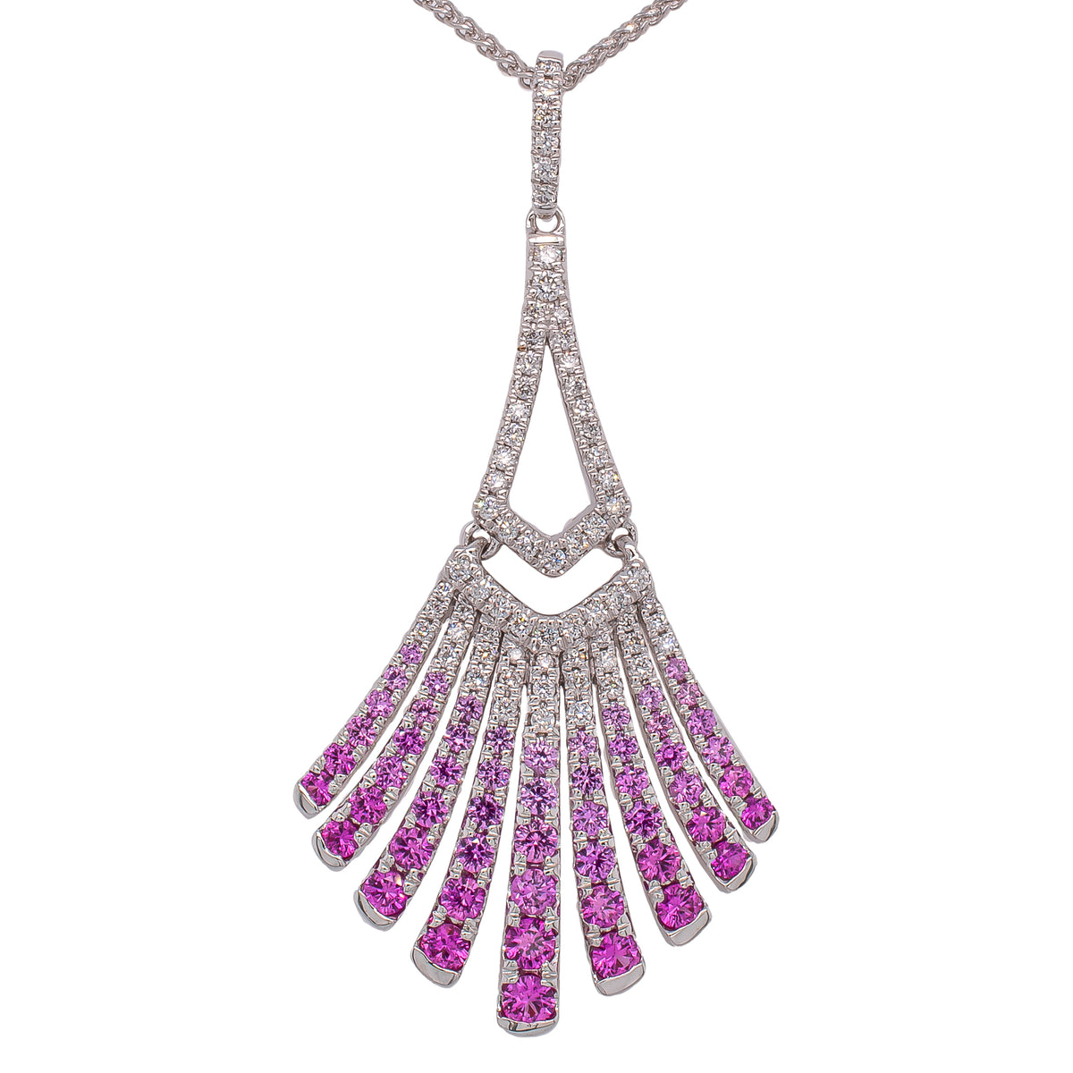 14K White Gold Pink Sapphire Diamond Fan Pendant Necklace