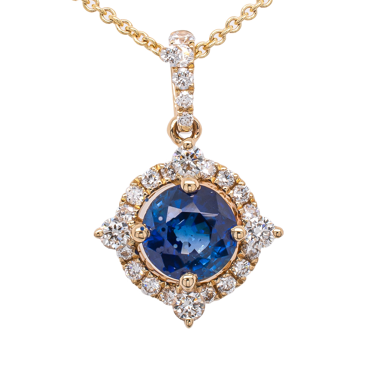 14K Yellow Gold Round Sapphire Diamond Star Pendant Necklace