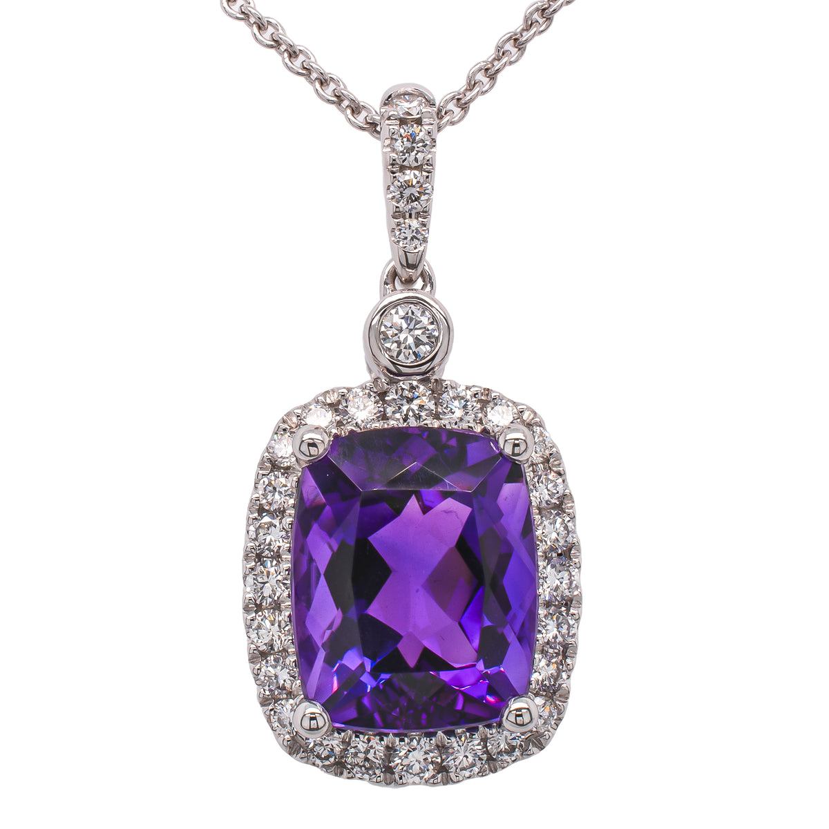 14K White Gold Purple Amethyst Diamond Pendant Necklace