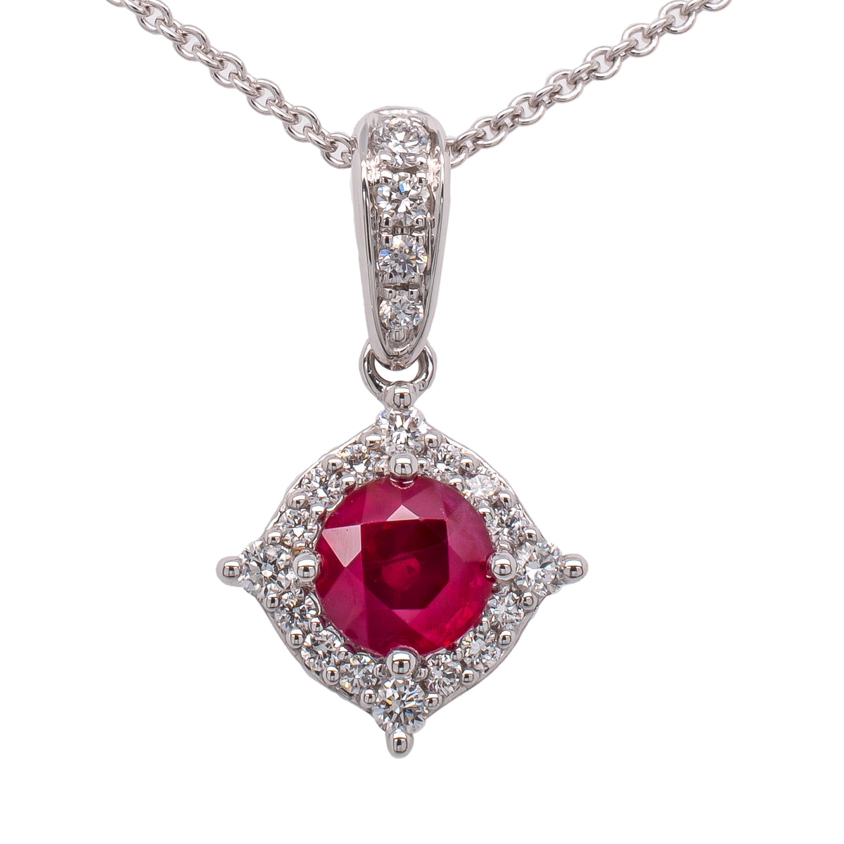 14K White Gold Round Ruby Star Diamond Pendant Necklace