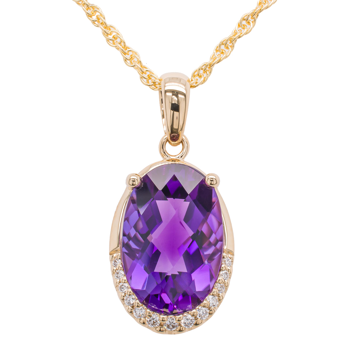14K Yellow Gold Oval Amethyst Half Halo Diamond Necklace