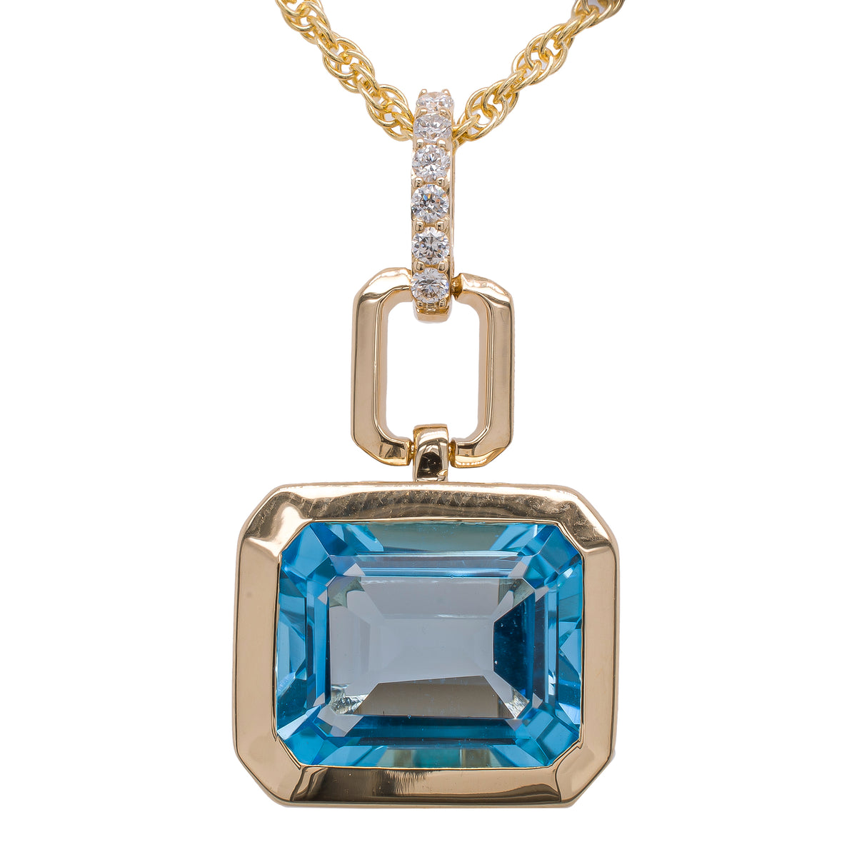 14K Yellow Gold Emerald Cut Blue Topaz East to West Geometric Diamond Necklace