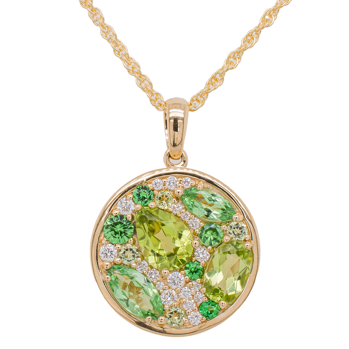 14K Yellow Gold Tsavorite and Peridot Diamond Cluster Circle Necklace