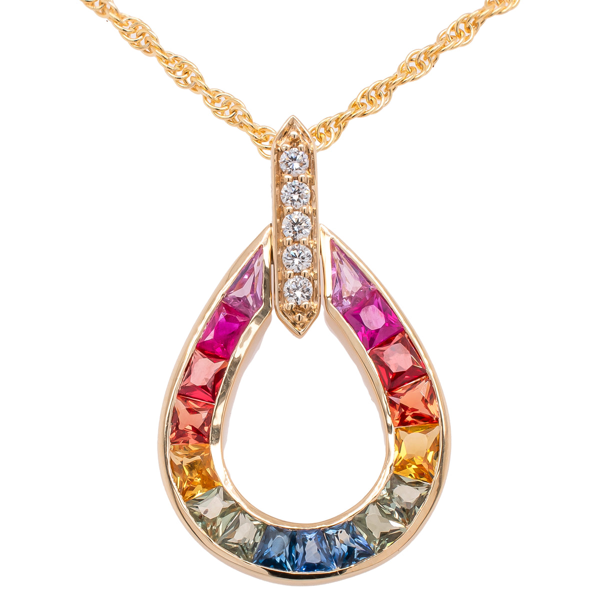 14K Yellow Multi-Color Fancy Sapphire Teardrop Diamond Pendant