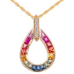 14K Yellow Multi-Color Fancy Sapphire Teardrop Diamond Pendant, view 1