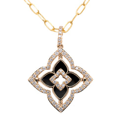14K Yellow Gold Onyx Diamond Flower Paper Clip Necklace, view 2