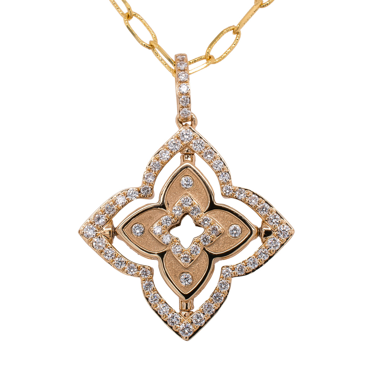 14K Yellow Gold Onyx Diamond Flower Paper Clip Necklace