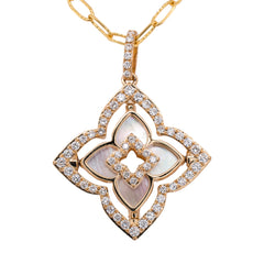 14K Yellow Gold Mother of Pearl Flower Diamond Paperclip Necklace, view 2
