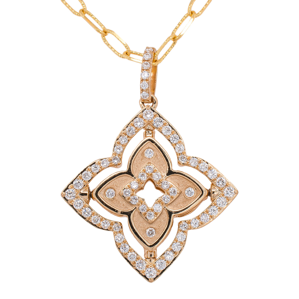 14K Yellow Gold Mother of Pearl Flower Diamond Paperclip Necklace