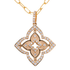 14K Yellow Gold Mother of Pearl Flower Diamond Paperclip Necklace, view 1