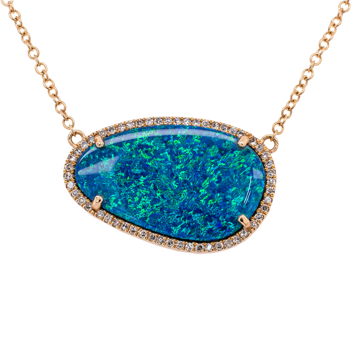 14K Yellow Gold Opal Diamond Station Pendant Necklace