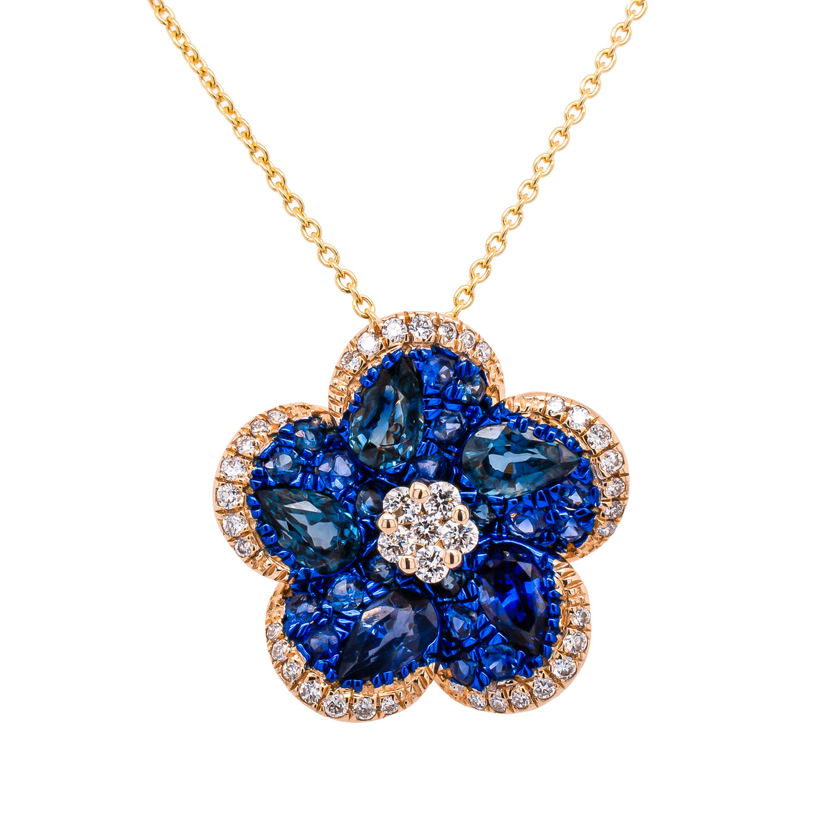 14K Yellow Gold Sapphire Flower Diamond Pendant Necklace