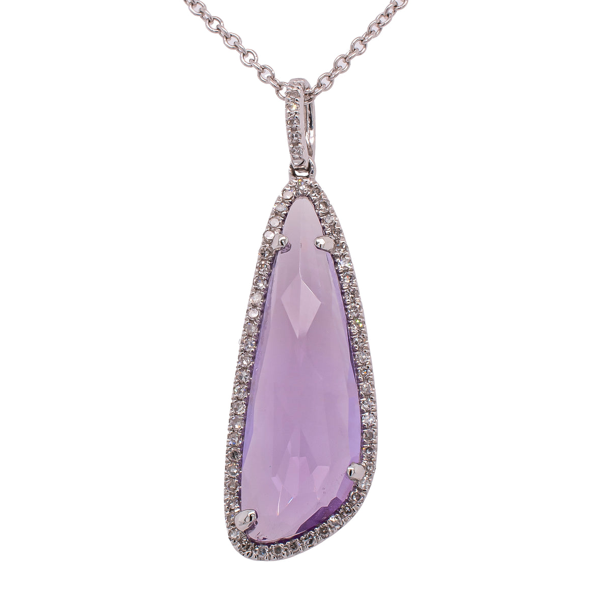 14K White Gold Shaped Amethyst Diamond Pendant Necklace