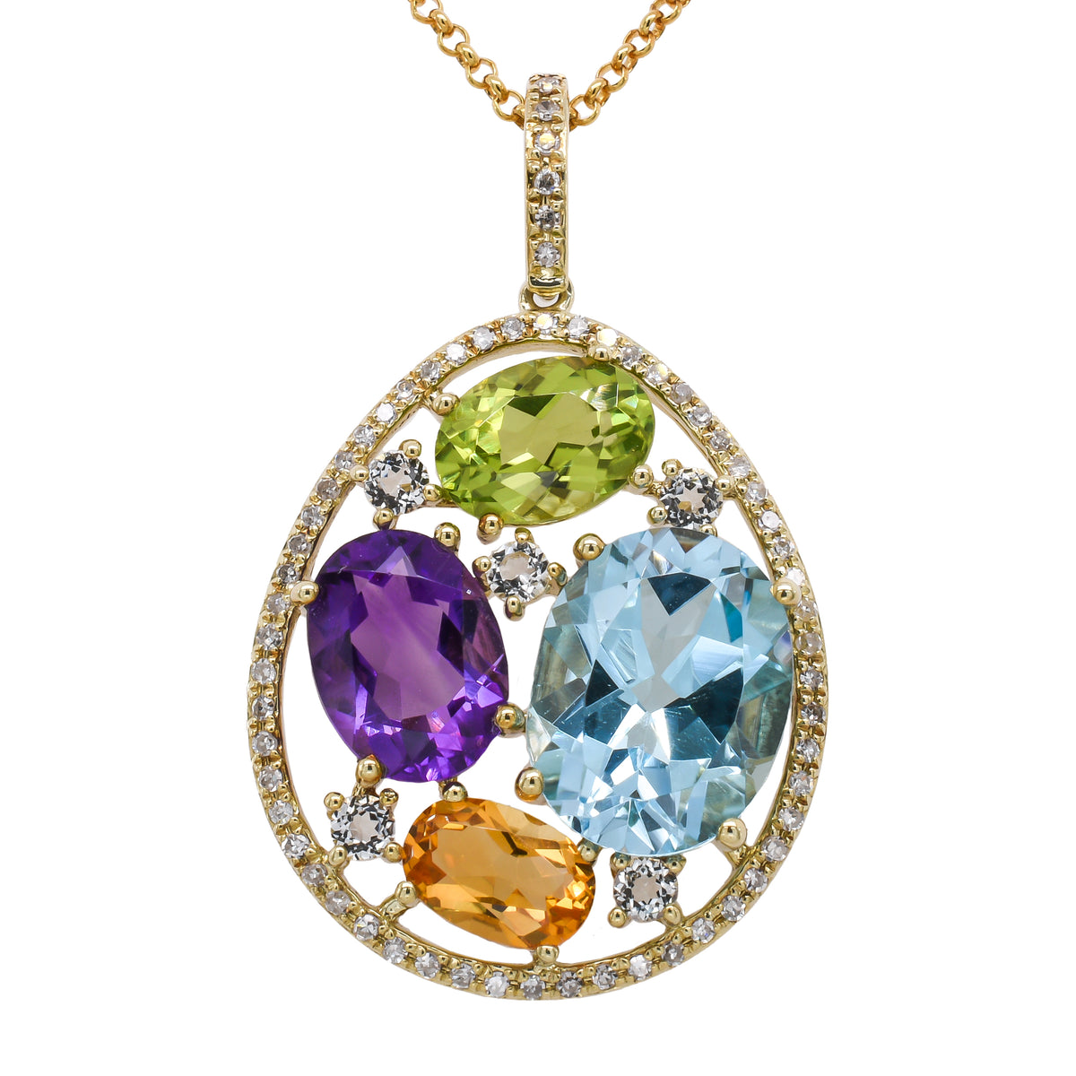 14K Yellow Gold Multi-Colored Gemstone Diamond Pear Cluster Necklace