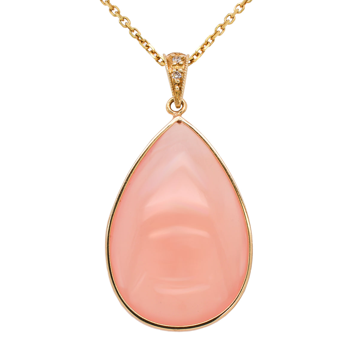 14K Yellow Gold Pink Quartz Pear Bezel Set Pendant Necklace