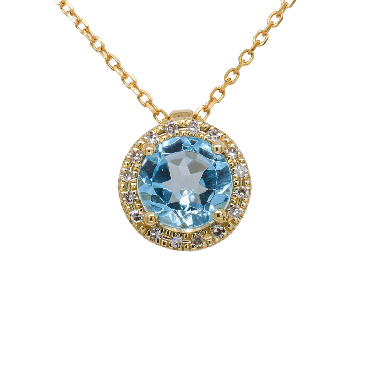 14K Yellow Gold Blue Topaz Round Diamond Pendant Necklace
