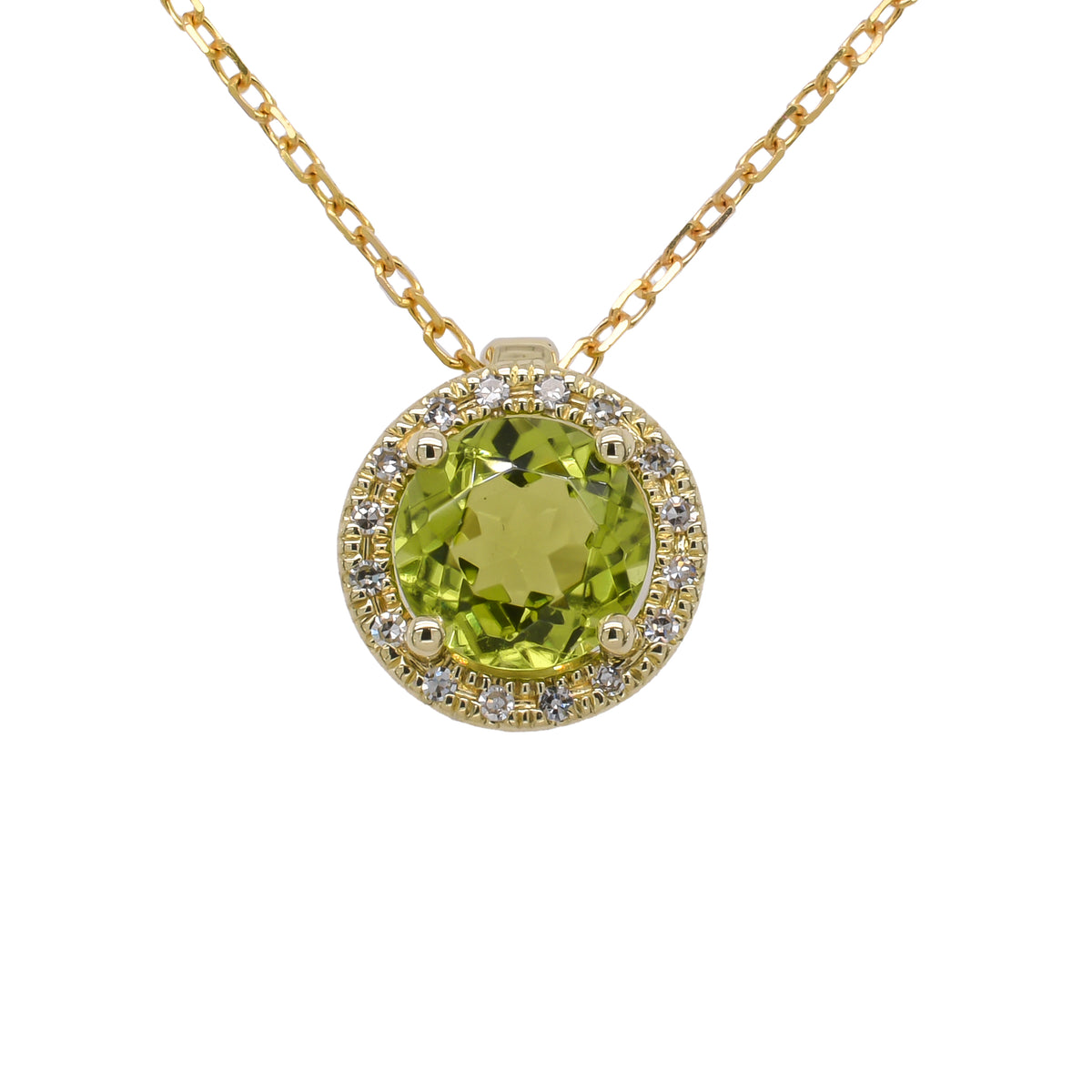 14K Yellow Gold Peridot Round Diamond Pendant Necklace