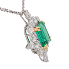 18K Yellow Gold & Platinum Columbian Emerald Diamond Pendant Necklace, view 2