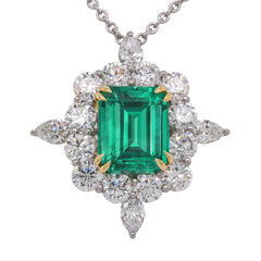 18K Yellow Gold & Platinum Columbian Emerald Diamond Pendant Necklace, view 1