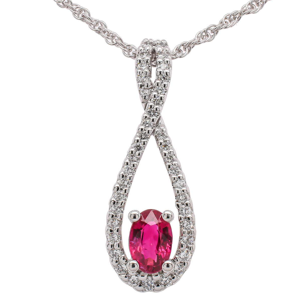 14K White Gold Ruby & Diamond Teardrop Pendant Necklace, 0.74 CTW