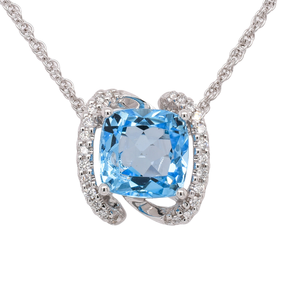 14K White Gold Blue Topaz & Diamond Pendant Necklace, 2.72 CTW
