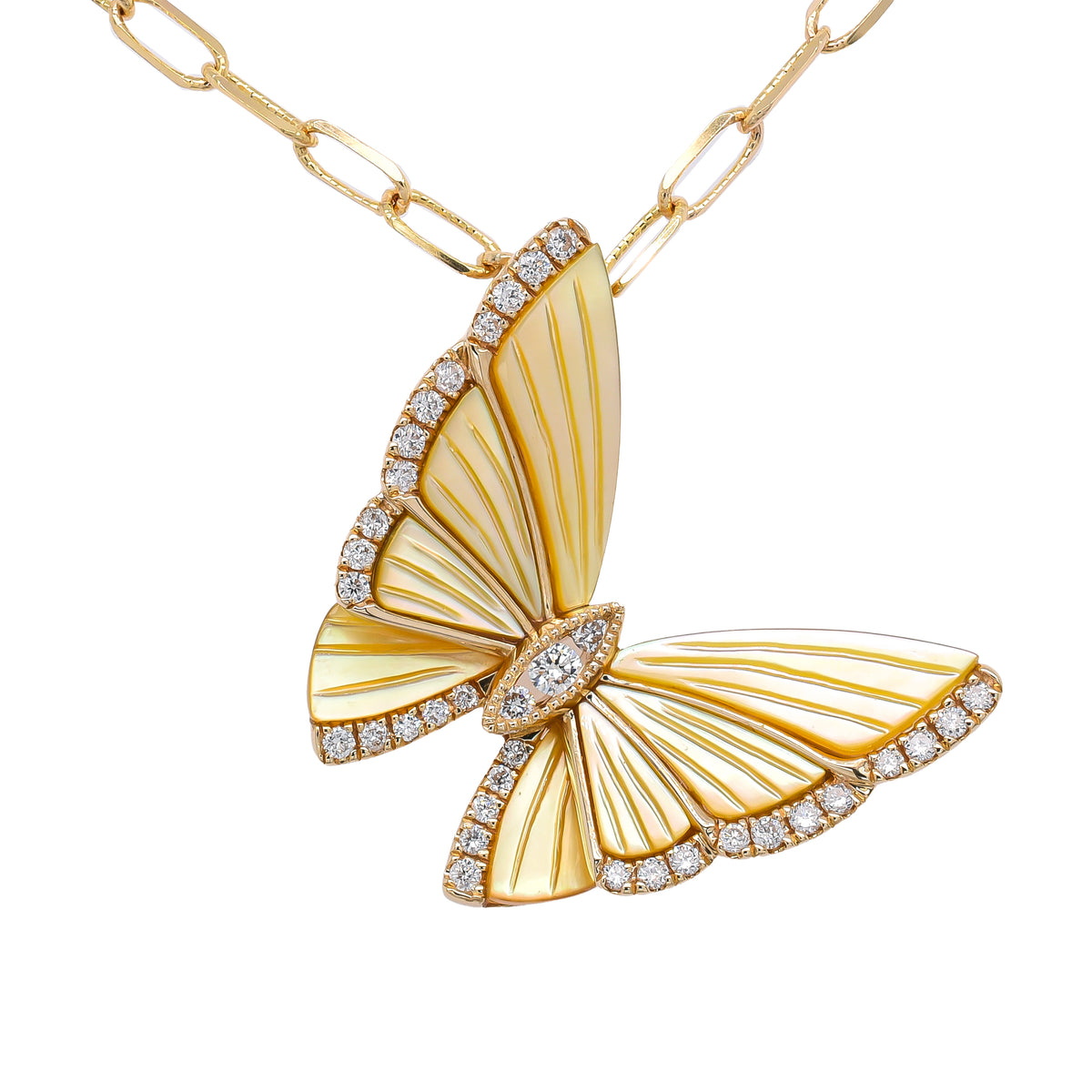14K Yellow Gold Yellow Mother of Pearl Diamond Butterfly Pendant