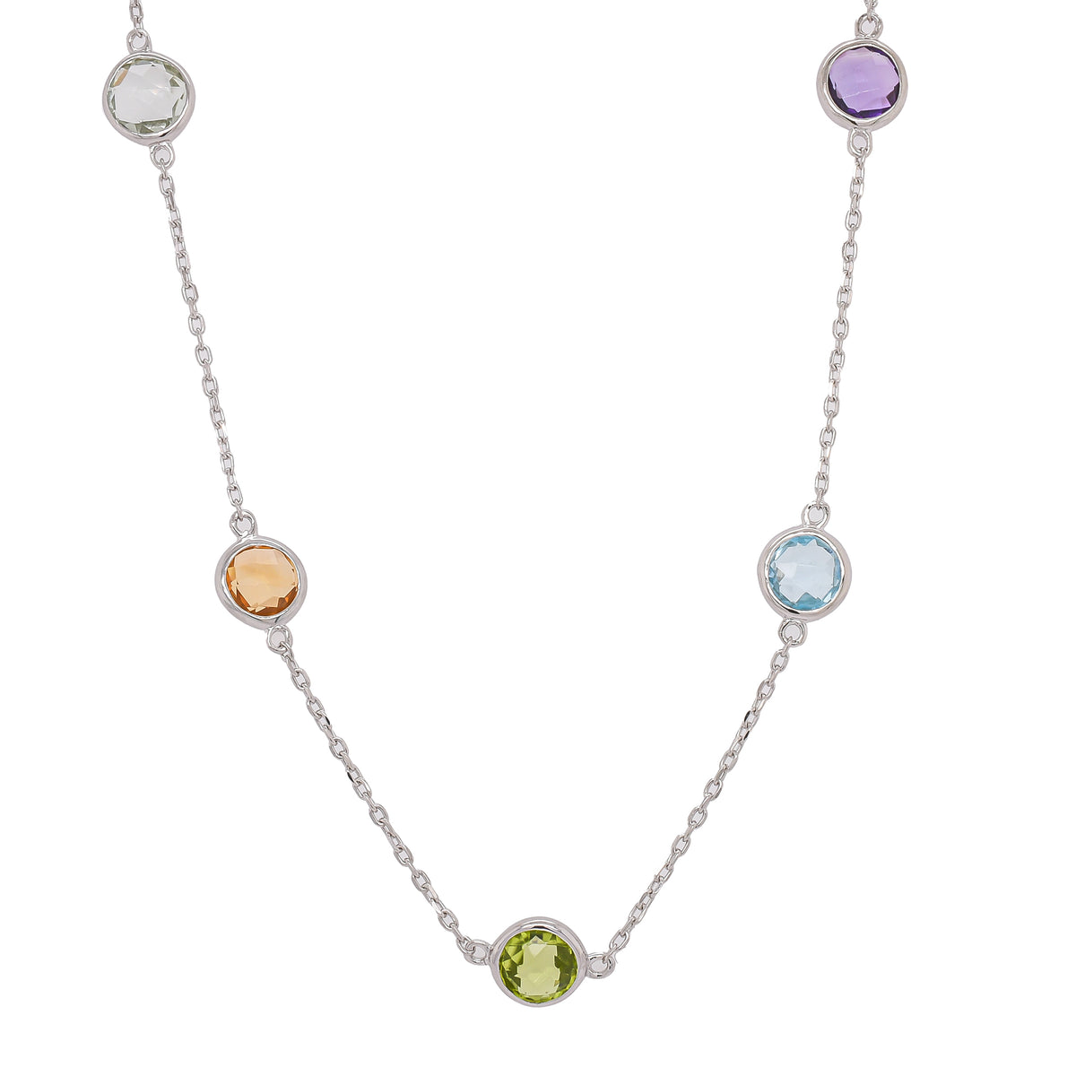 Sterling Silver Multi-Color Gemstone Bezel Set Necklace 18 inches