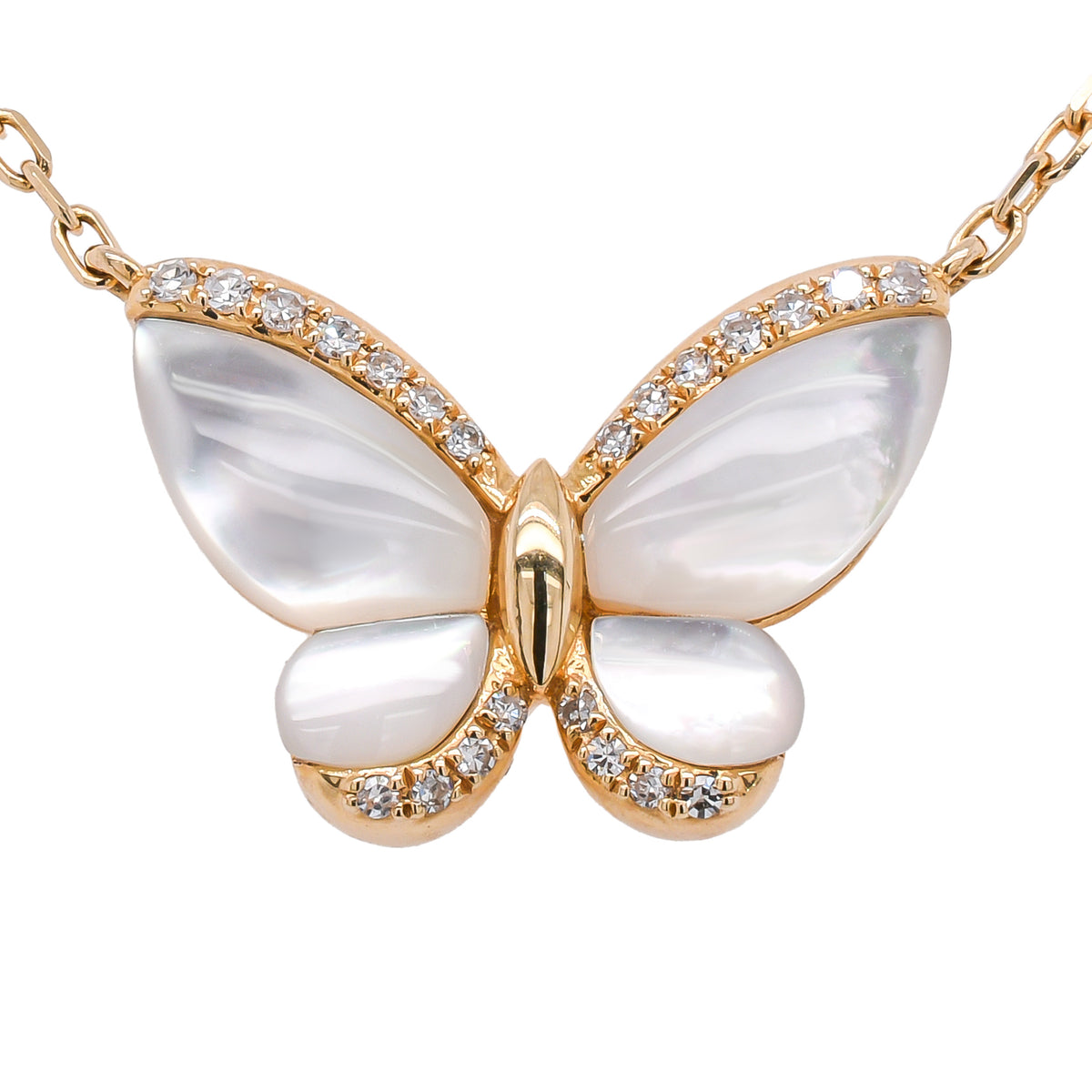 14K Yellow Gold Mother of Pearl Diamond Butterfly Station Necklace