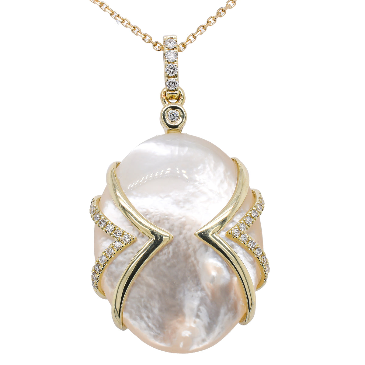 14K Yellow Gold Mother of Pearl Diamond Cage Pendant Necklace 16in