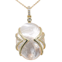 14K Yellow Gold Mother of Pearl Diamond Cage Pendant Necklace 16in, view 1