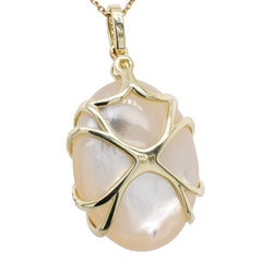 14K Yellow Gold Mother of Pearl Diamond Cage Pendant Necklace 16in, view 2