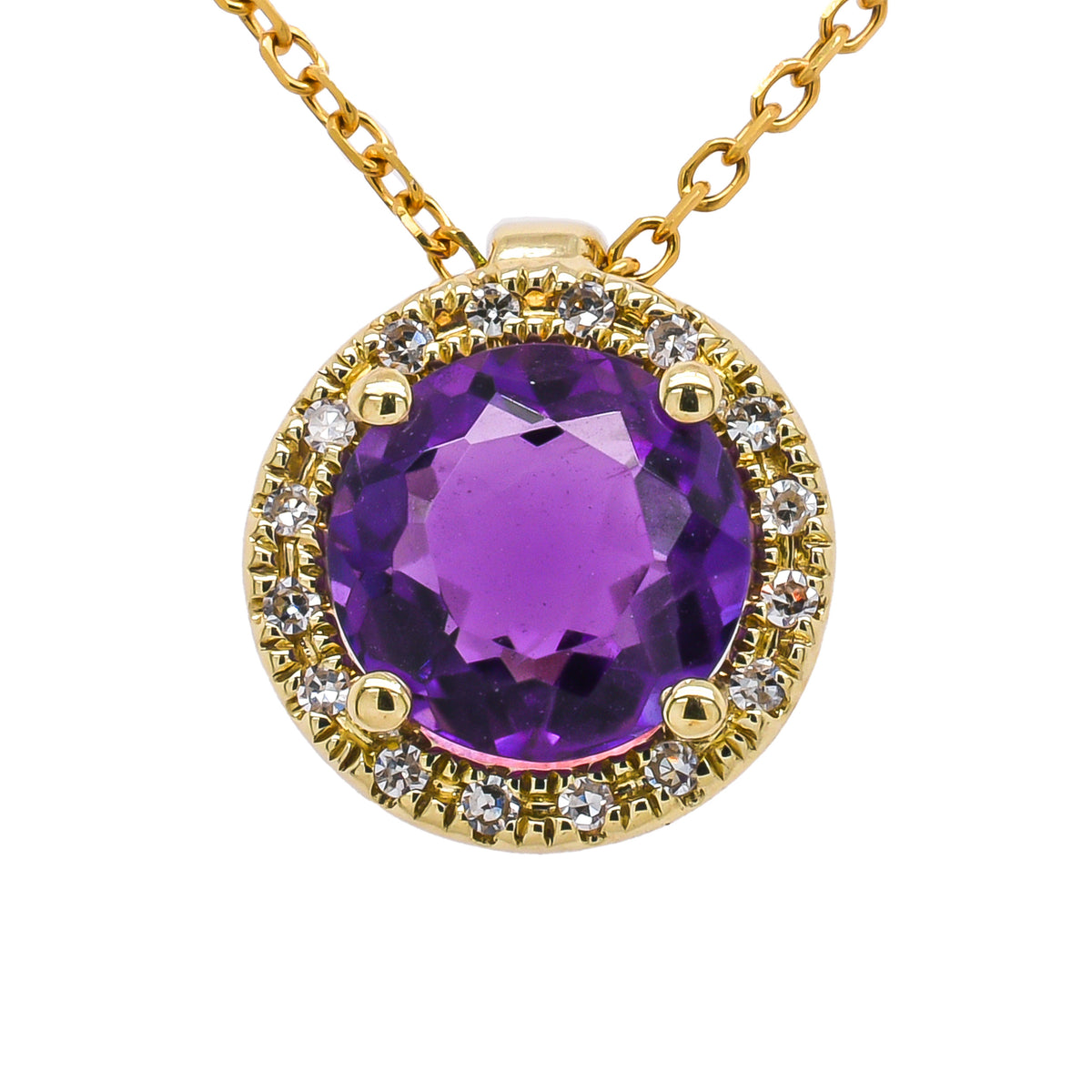 14K Yellow Gold Amethyst Diamond Pendant Necklace 16in