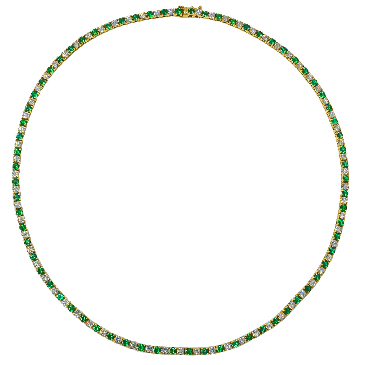 18K Yellow Gold Emerald & Diamond Tennis Necklace