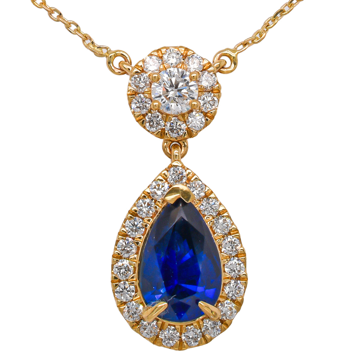14K Yellow Gold Sapphire Pear Diamond Dangle Pendant Necklace