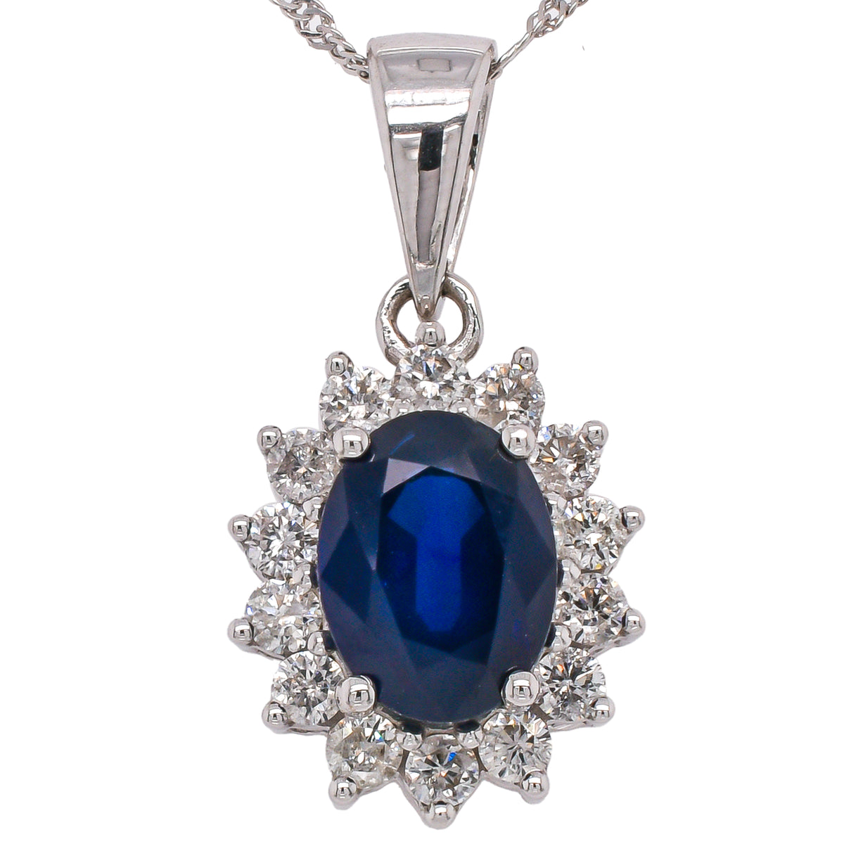 14K White Gold Oval Sapphire & Diamond Halo Necklace | 1.66 CTW