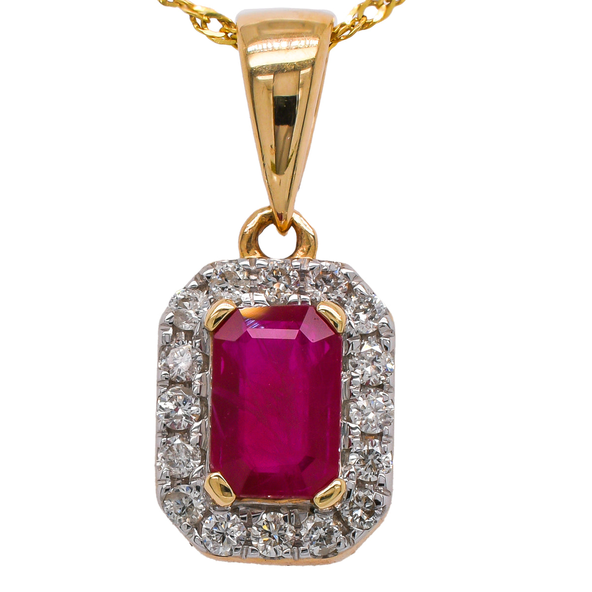 14K Yellow Gold Emerald Cut Ruby & Diamond Halo Pendant | 0.79 CTW