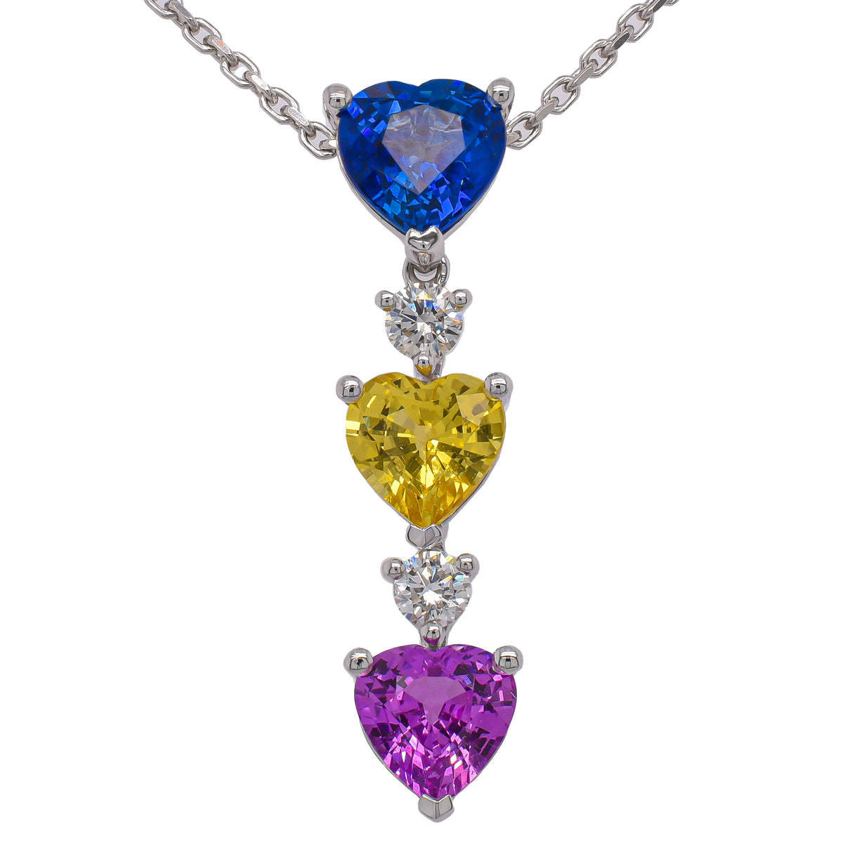 18K White Gold Fancy Sapphire & Diamond Heart Drop Pendant | G VS