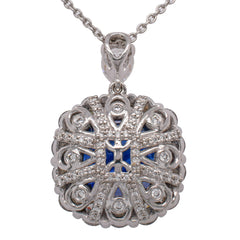 18K White and Yellow Gold Cushion Sapphire Diamond Halo Pendant Necklace, view 2