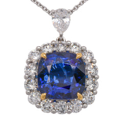 18K White and Yellow Gold Cushion Sapphire Diamond Halo Pendant Necklace, view 1