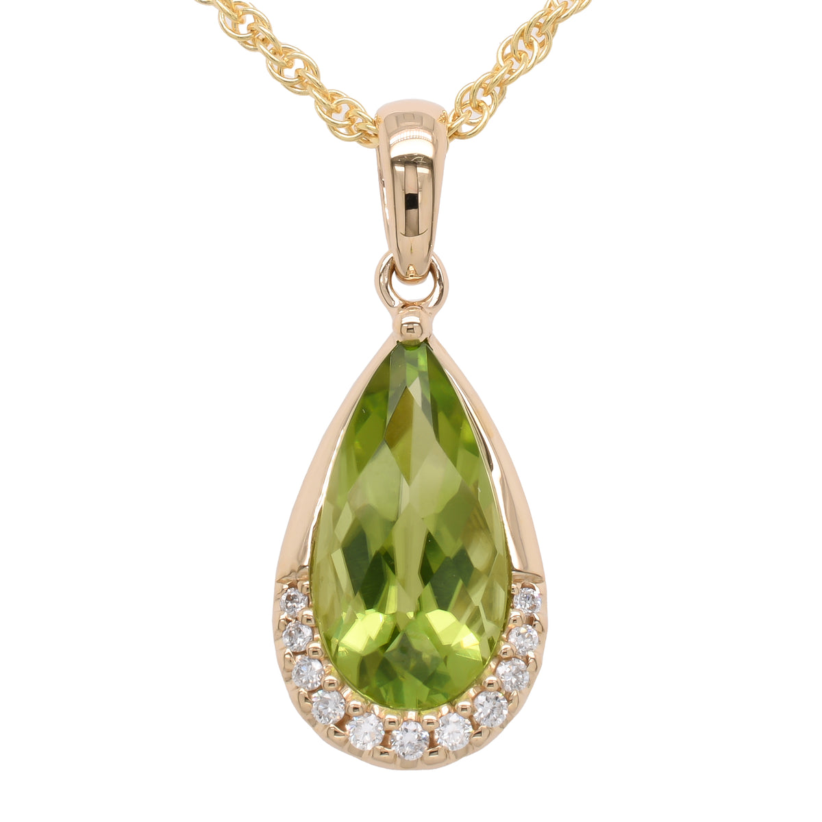 14K Yellow Gold Pear Peridot Diamond Necklace 18in