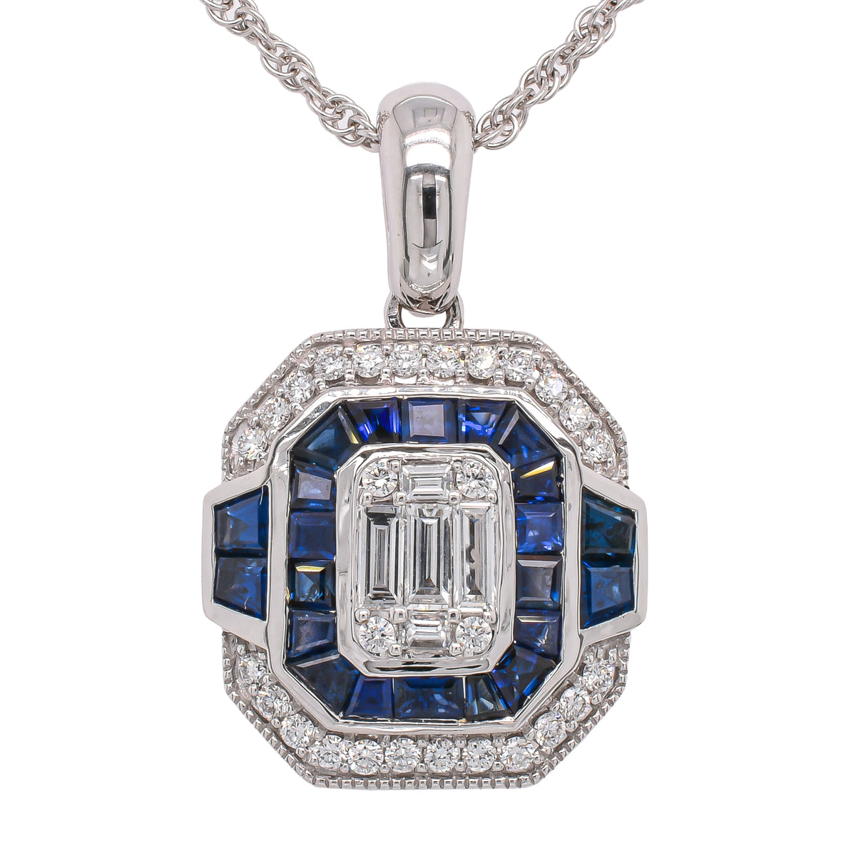 14K White Gold Sapphire Diamond Art Deco Pendant Necklace 18in