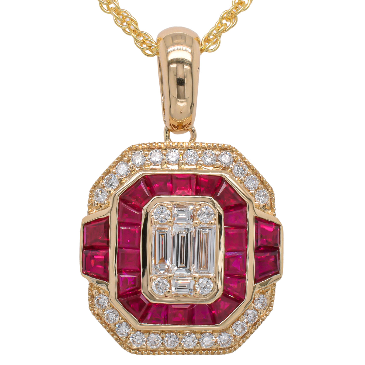 14K White Gold Ruby Diamond Art Deco Pendant Necklace 18in