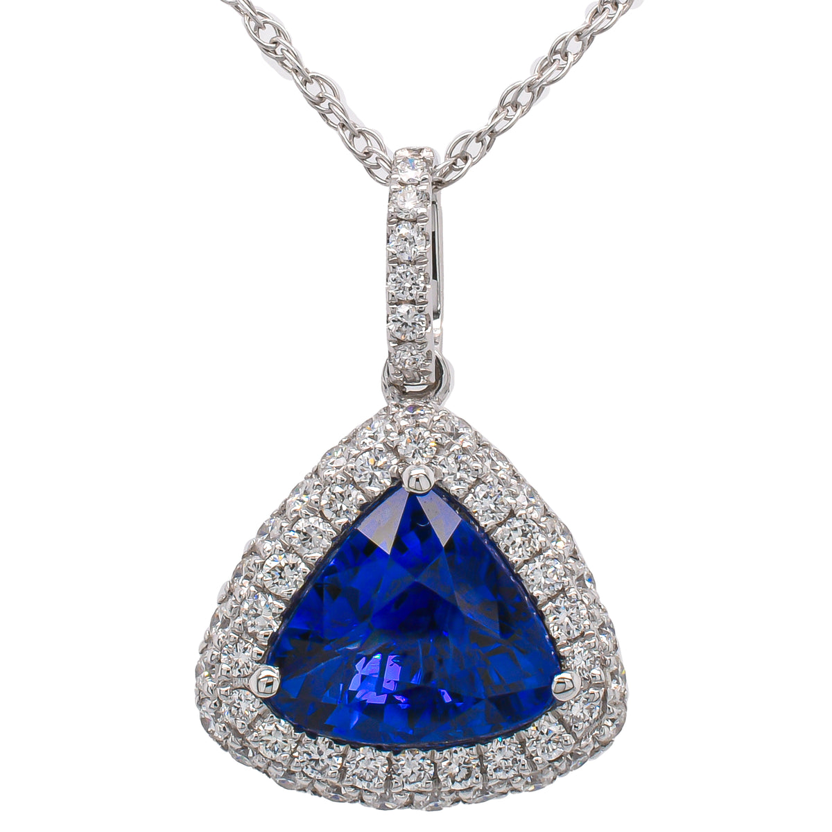 18K White Gold Sapphire Trillian Diamond Pendant Necklace 18in