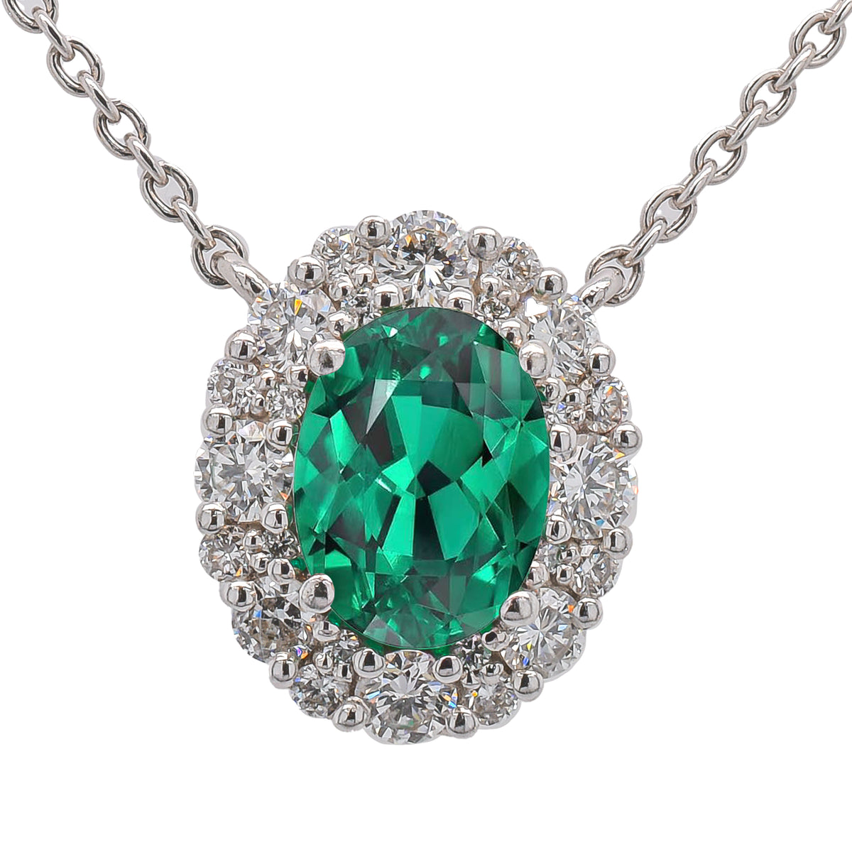 18K White Gold Emerald Oval Diamond Pendant Necklace 18in