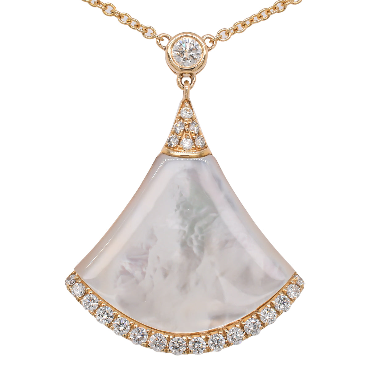 14K Yellow Gold Mother of Pearl Fan 23mm Diamond Pendant Necklace 18in