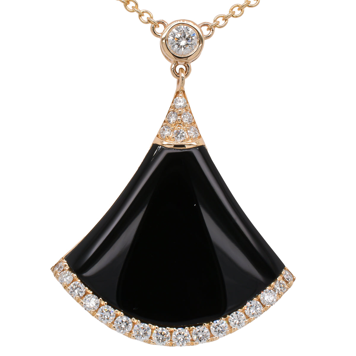 14K Yellow Gold Onyx Fan 23mm Diamond Pendant Necklace 18in