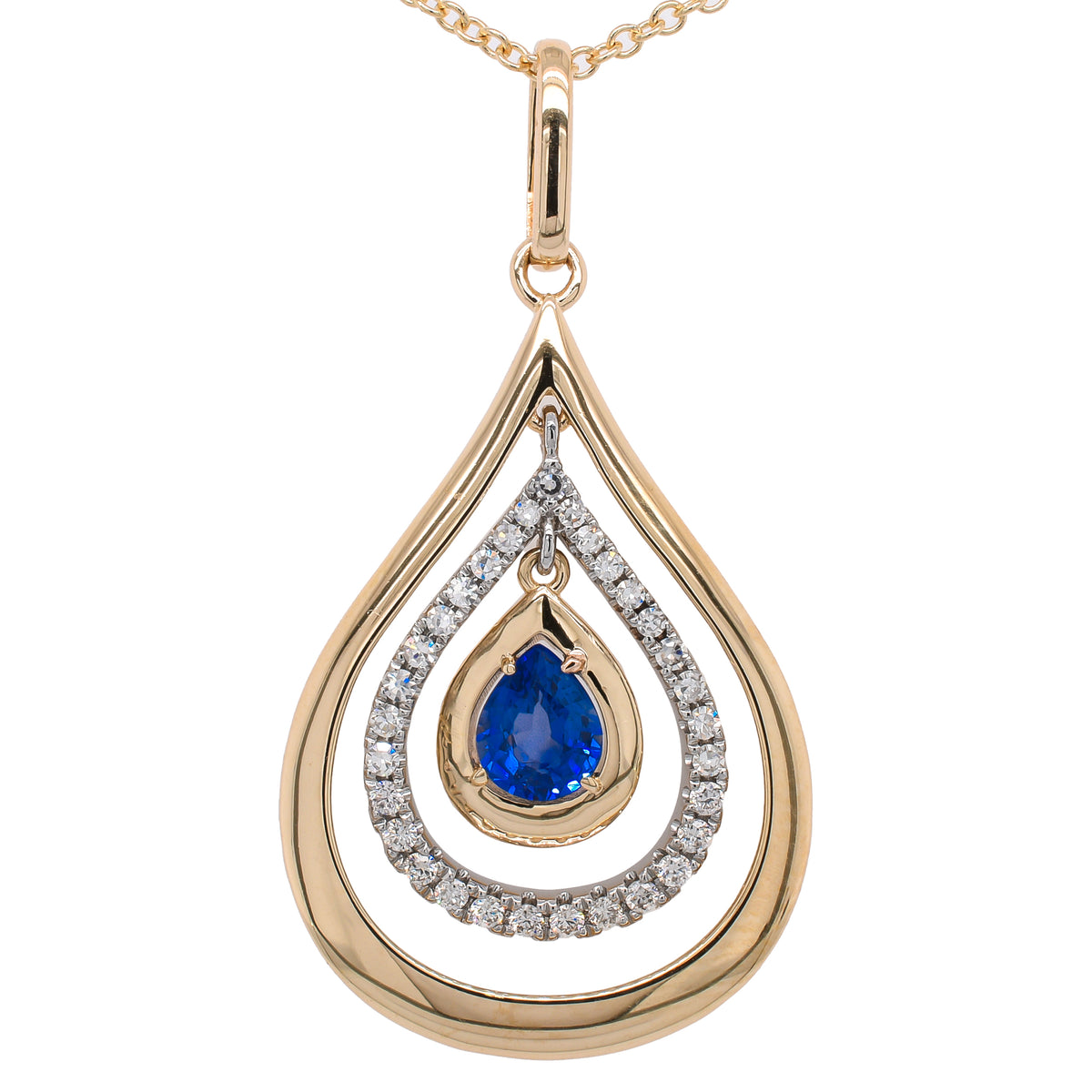 14K Yellow and White Gold Sapphire Pear Diamond TearDrop Pendant 30mm Necklace 18in