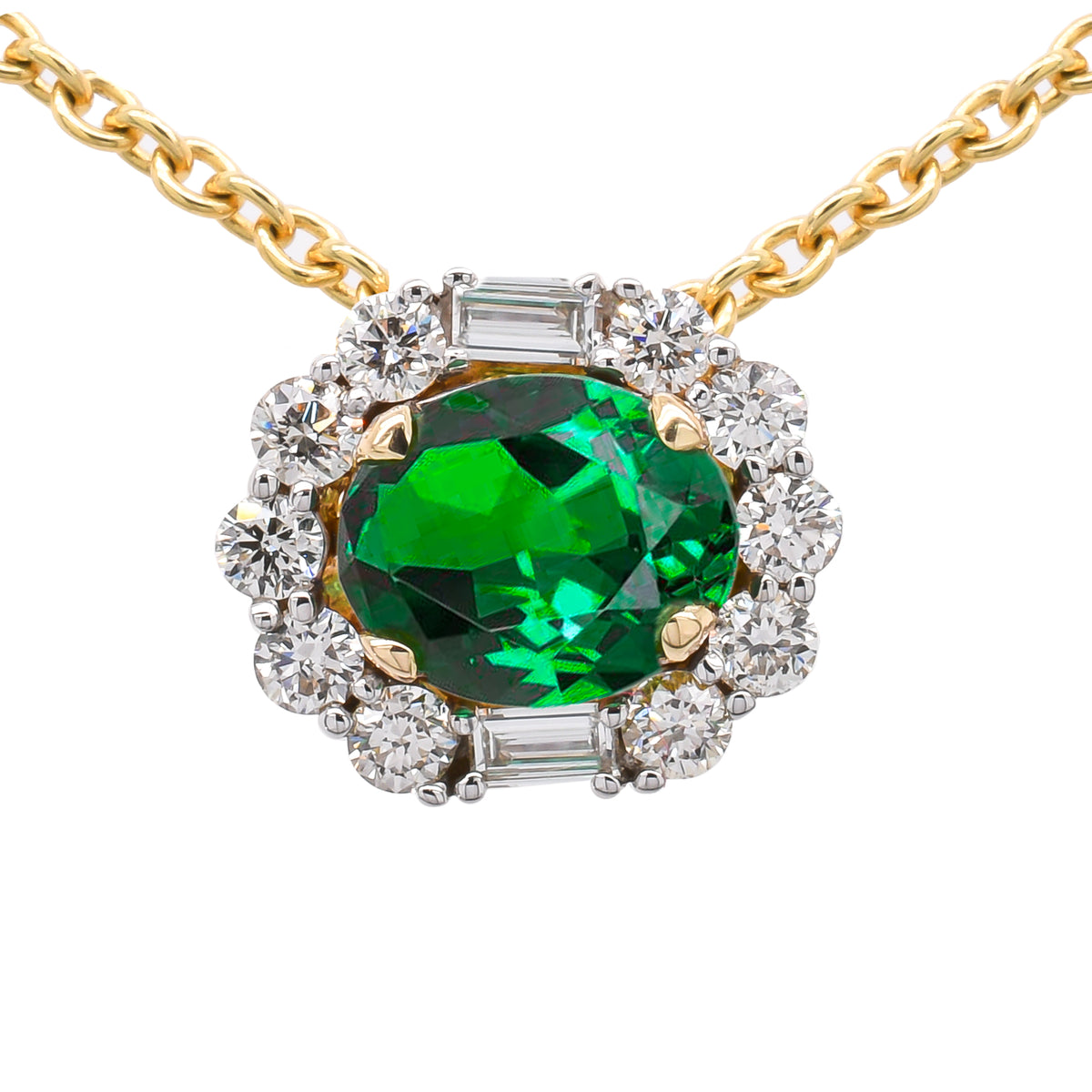 14K Yellow Gold Emerald Oval Diamond East West Slide 10*8mm Pendant Necklace 18in
