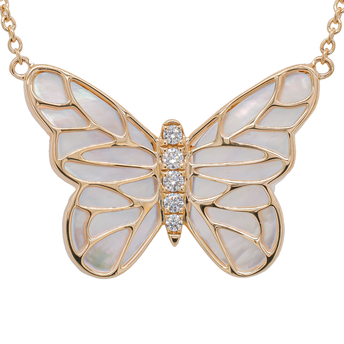 14K Yellow Gold Mother of Pearl Butterfly Diamond Pendant 25mm Necklace 18in