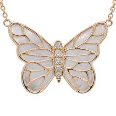 14K Yellow Gold Mother of Pearl Butterfly Diamond Pendant 25mm Necklace 18in, view 1